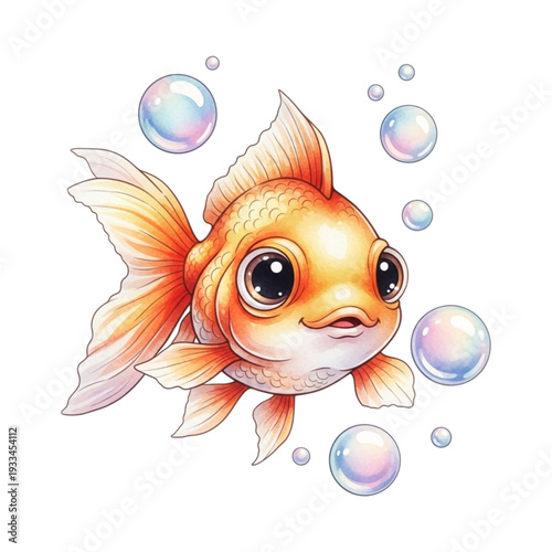 Cute Watercolor Goldfish with Iridescent Bubbles