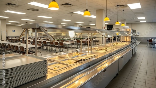 Serving line with food trays and seating area in a dining hall at lunch time