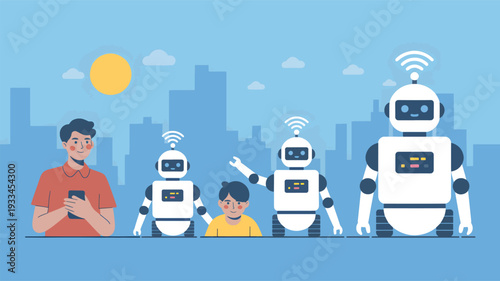 Man and robots on the city skyline with sun and clouds, android, artificial intelligence, technology