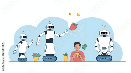 Robots offering fruit and plants to a smiling man, artificial intelligence technology