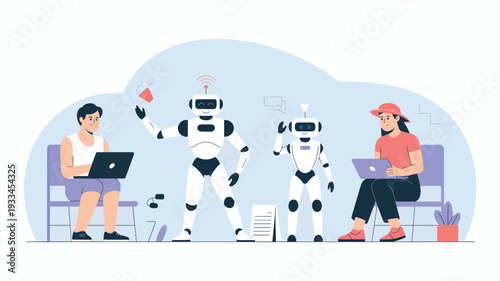 People and robots interacting with laptops and chat bubbles, human-computer technology