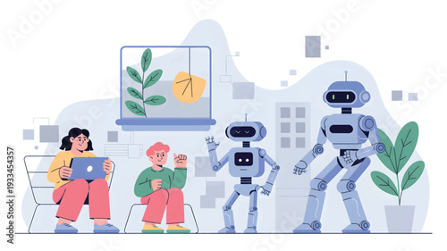 People and robots interacting with technology and plants laptop