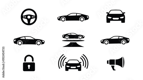 A collection of nine minimalist black car icons in a vector illustration, featuring a steering wheel, various cars, a lock, and a megaphone on a white background.