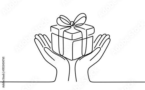 A minimalist line drawing of two hands holding a gift box with a ribbon tied around it.
