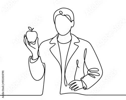 A minimalist line drawing of a person holding an apple in one hand and a pen in the other.