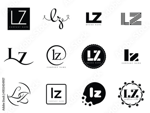 LZ logo company template. Letter l and z logotype. Set different classic serif lettering and modern bold text with design elements. Initial font typography.