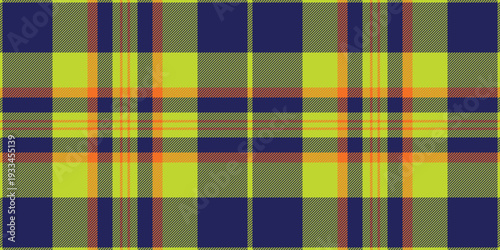 Seventies pattern check vector, popular fabric tartan textile. Royalty plaid background seamless texture in blue and lime colors.
