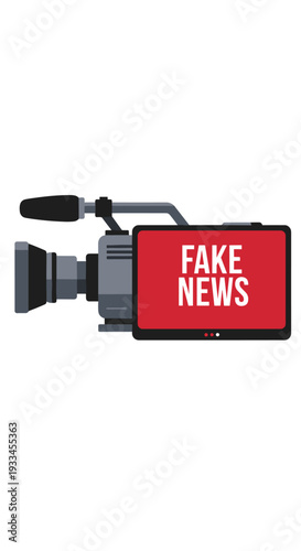 A modern broadcast video camera with a prominent long lens features a bright red screen displaying FAKE NEWS on a clean white background.