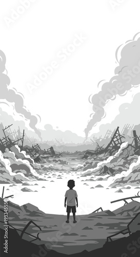 A solitary child stands with their back to the viewer in a desolate, grayscale, war-torn landscape with smoke rising in the distance.