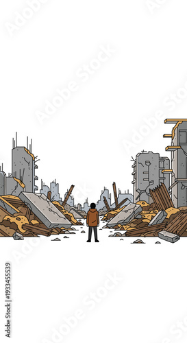 A solitary cartoon man in a brown jacket stands amidst a street filled with grey concrete rubble and broken wooden planks in a destroyed city.