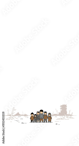 A group of six cartoon children in simple clothing stands together in a desolate, ruined landscape with sparse debris and a damaged building silhouette.