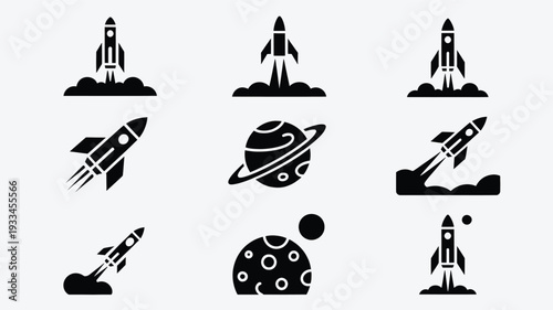 A set of sleek, black rocket ship silhouettes in various states of launch and flight, against a clean, light gray background, conveying a sense of space exploration and adventure.
