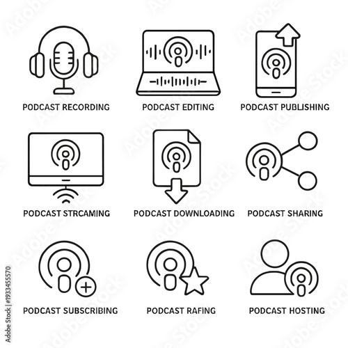 Podcast icons for recording editing publishing streaming and sharing
