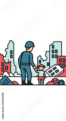 A cartoon soldier in blue uniform holds the hand of a small child amidst the colorful ruins of a destroyed city on a white background.