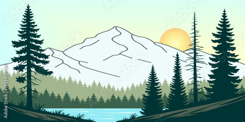 Snow capped mountain and calm lake panorama surrounded by evergreen forest. Minimal flat vector background for winter travel, nature tourism and wilderness exploration.