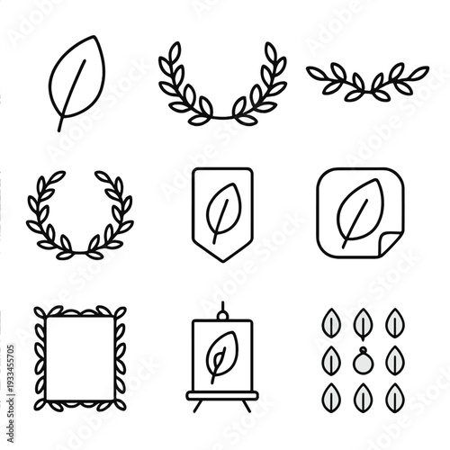 Minimalistic leaf icons set featuring laurels and frames on gradient background