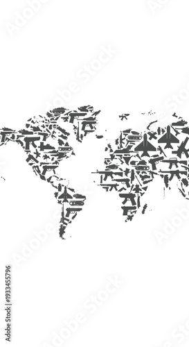 An intricate world map is creatively composed entirely of numerous dark gray weapon silhouettes, including various firearms and fighter aircraft.