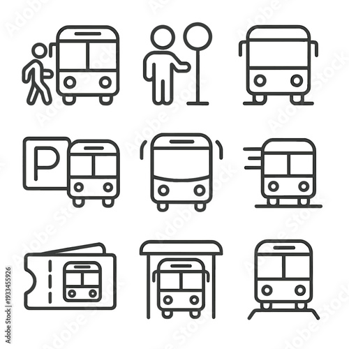 Public transport icons set featuring bus, ticket, and bus station symbols