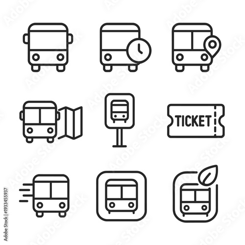 Minimalist bus icons set: transport, location, ticket, and route symbols