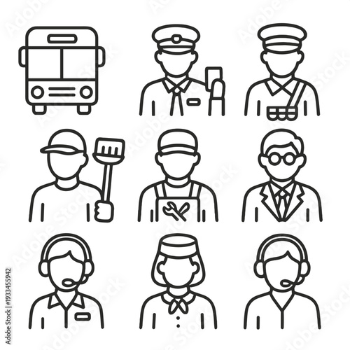 Simple outline icons of diverse professions on gray background