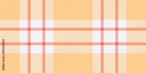 Painting plaid pattern fabric, countryside check background textile. Custom vector tartan seamless texture in orange and white colors.