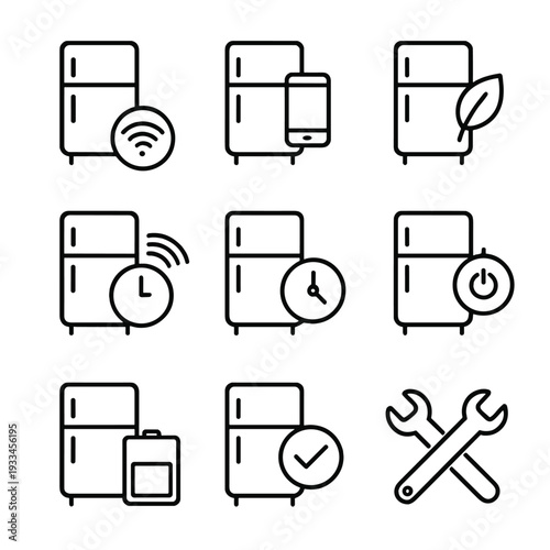 Smart fridge icons: wifi, smartphone, eco-friendly, timer, power, maintenance