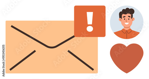 Email services, notifications, online messaging, user profile, love, digital communication. Envelope with exclamation mark, user avatar and heart icon. Email notifications and user profile concept