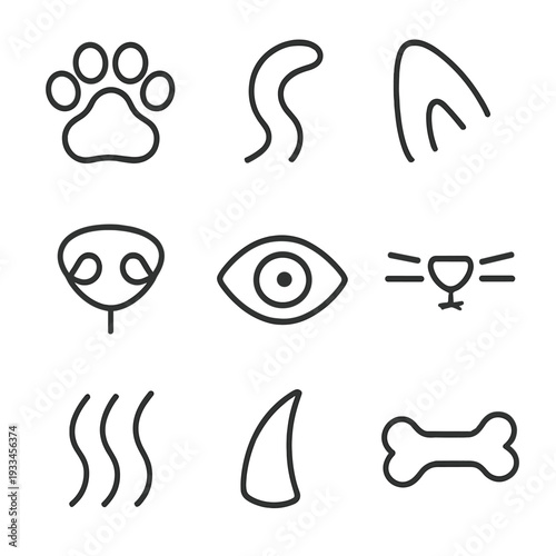 Minimalist animal icon set featuring cat eye paw nose ear whiskers bone