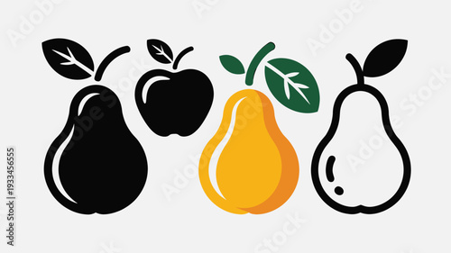 A vibrant and colorful graphic design featuring four stylized fruits, including pears and an apple, in a flat design style, perfect for use in various digital and print materials.