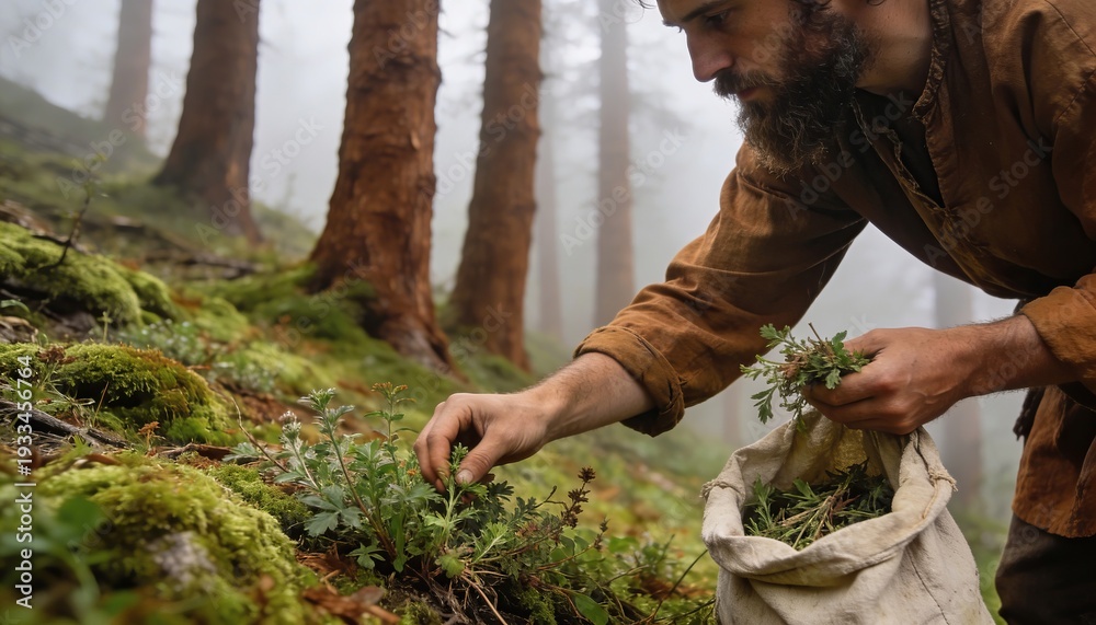 Obraz premium Forager gathering wild herbs into a canvas bag on a misty forest floor during a damp morning