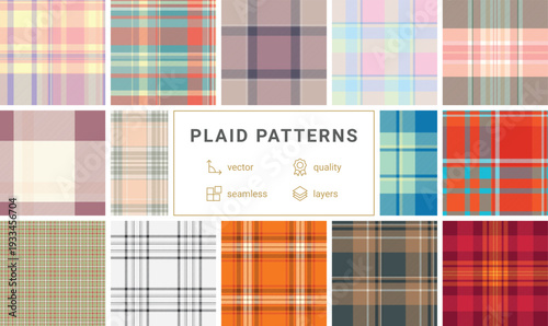 Classic plaid bundle for multipurpose summer projects. Versatile tartan patterns fit dresses, shirts, beach accessories, and home decor. Vector consistency ensures quality.