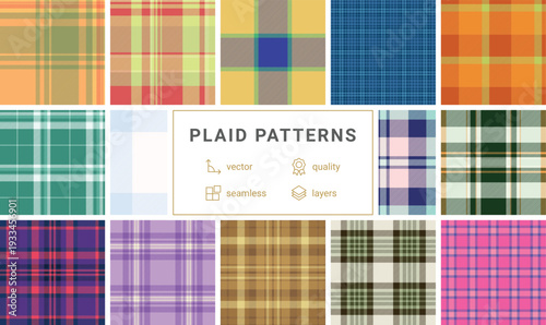Plaid collection optimized for urban and contemporary fashion. The pack works for jackets, skirts, pants, and accessories. Vector artwork handles production sizes.