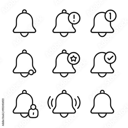 Notification bell icons set with alerts and user interactions