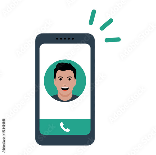 A cartoon illustration of a smiling man on a phone screen with a green background