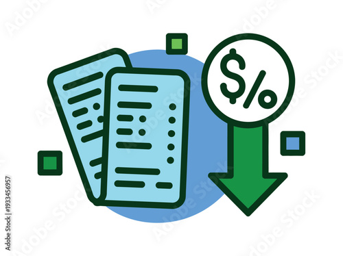 A graphic illustration of two invoices with a percentage discount symbol and a downward arrow, indicating a reduction in cost or price.