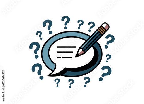 A cartoon illustration of a speech bubble with a pencil and question marks.