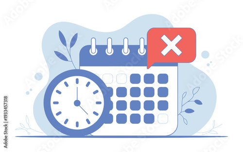 A digital illustration of a calendar with a clock and a red notification symbol indicating a cancellation or event change.