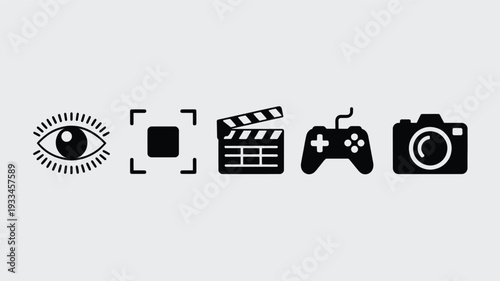 A minimalist graphic design featuring a collection of media icons in black and white, including an eye, camera, clapperboard, game controller, and film camera.