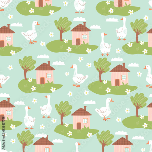 Rural landscape seamless pattern with cute geese. Hand drawn cartoon houses, trees, clouds, flowers and birds. Green, brown,pink, white colors on blue background. Vector print on fabric and paper.