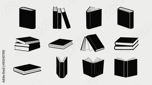 A minimalist graphic design featuring various book styles in black and white, perfect for educational or literary themes, with a clean and simple aesthetic.