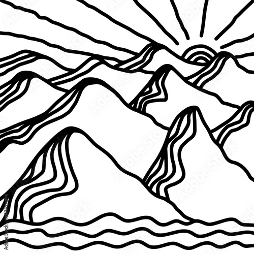Hand drawn mountain waves and ocean waves with sun.