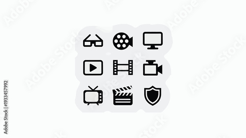 A flat design graphic featuring various film and media icons on a light gray background, conveying a sense of modernity and security, ideal for use in digital media and advertising.