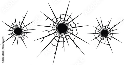 A set of three distinct vector graphic bullet hole impacts or cracked glass designs, creating abstract damage illustrations suitable for diverse projects.
