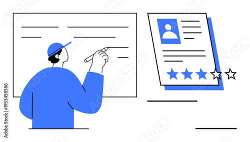 Person writing on board and evaluating profile with star ratings. Ideal for feedback, assessment, performance review, career growth, rating, evaluation, simple flat metaphor