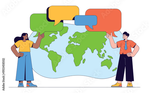 Two people standing on either side of a world map with colorful speech bubbles