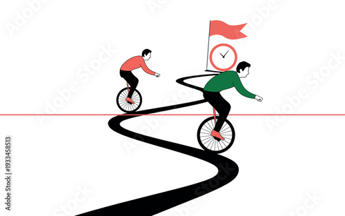 Two men riding unicycles on a winding road with a clock and flag, symbolizing time management and competition.