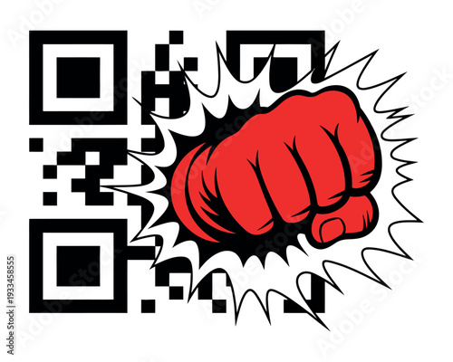 A bold red fist punches through a QR code on a white background