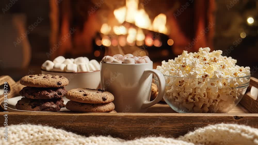 custom made wallpaper toronto digitalCozy home scene with fireplace hot chocolate cookies and popcorn