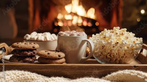 Wallpaper Mural Cozy home scene with fireplace hot chocolate cookies and popcorn Torontodigital.ca