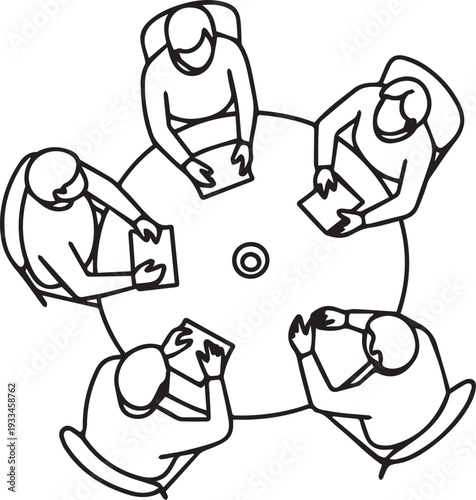 Top View Line Art of Business Team Meeting Around Table